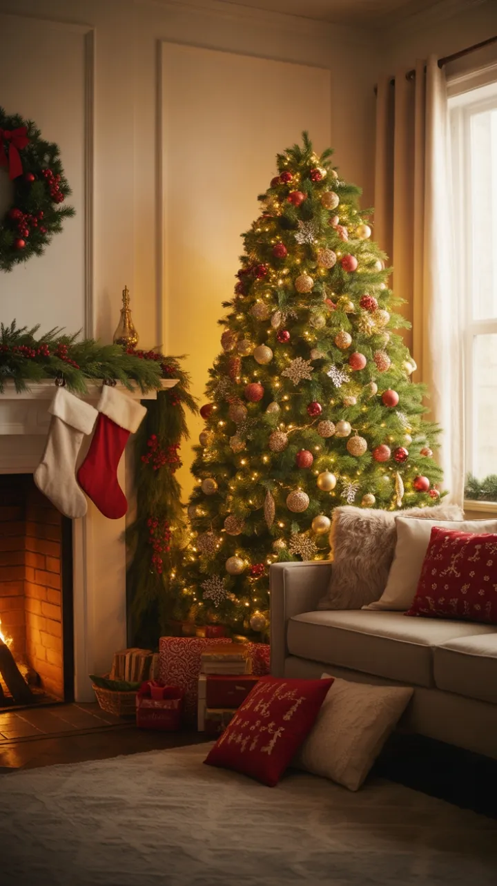 Cozy Christmas Glow with Gold Ornaments and a Crackling Hearth