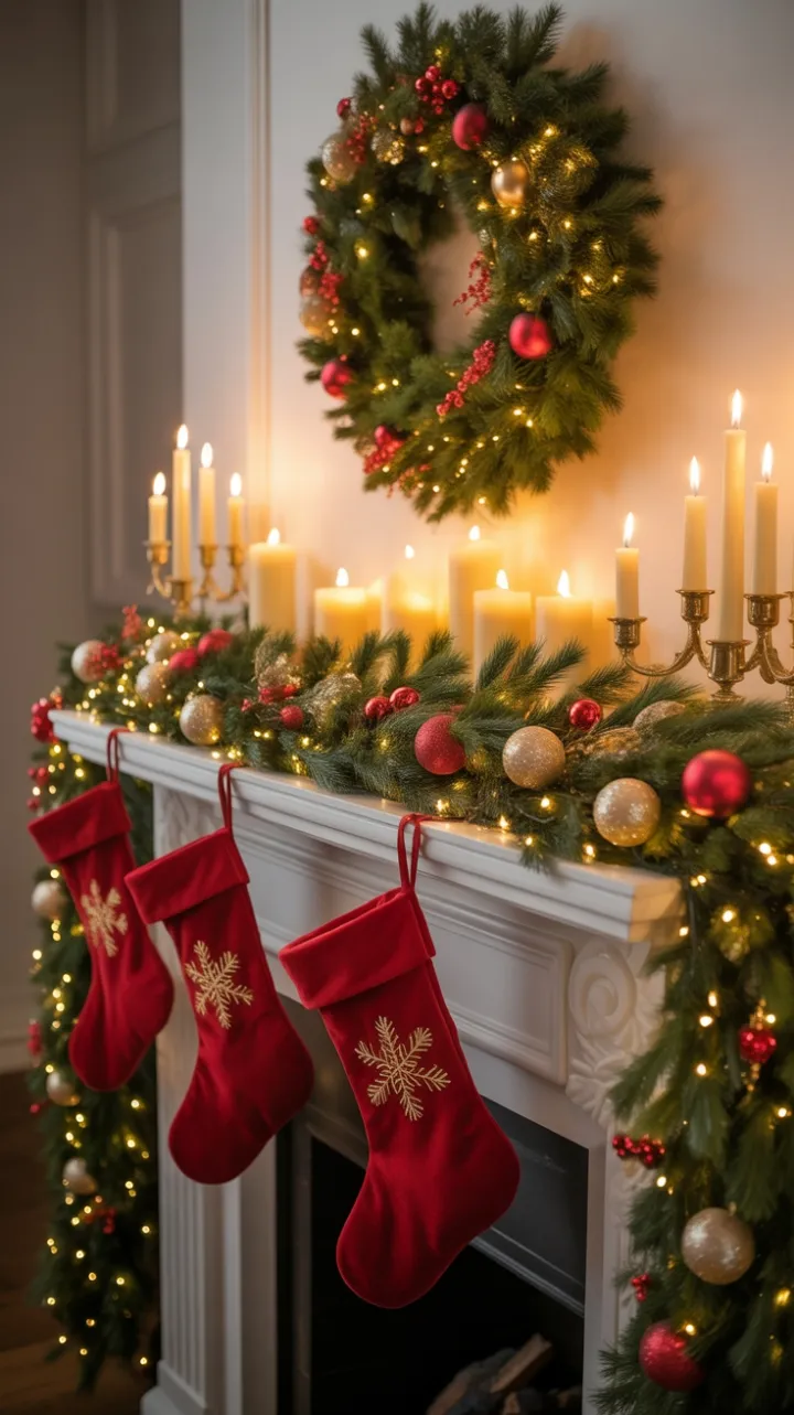 Velvet Stockings and Golden Light on a Cozy Christmas Mantel