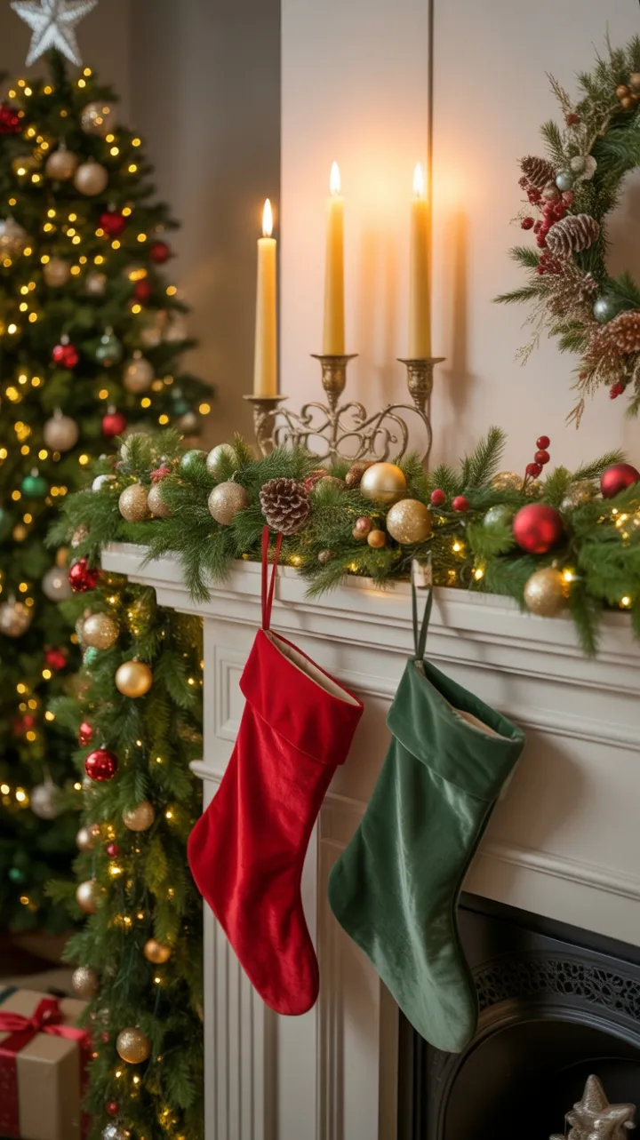 Mantel of Warmth – Velvet Stockings, Golden Ornaments and Candlelight