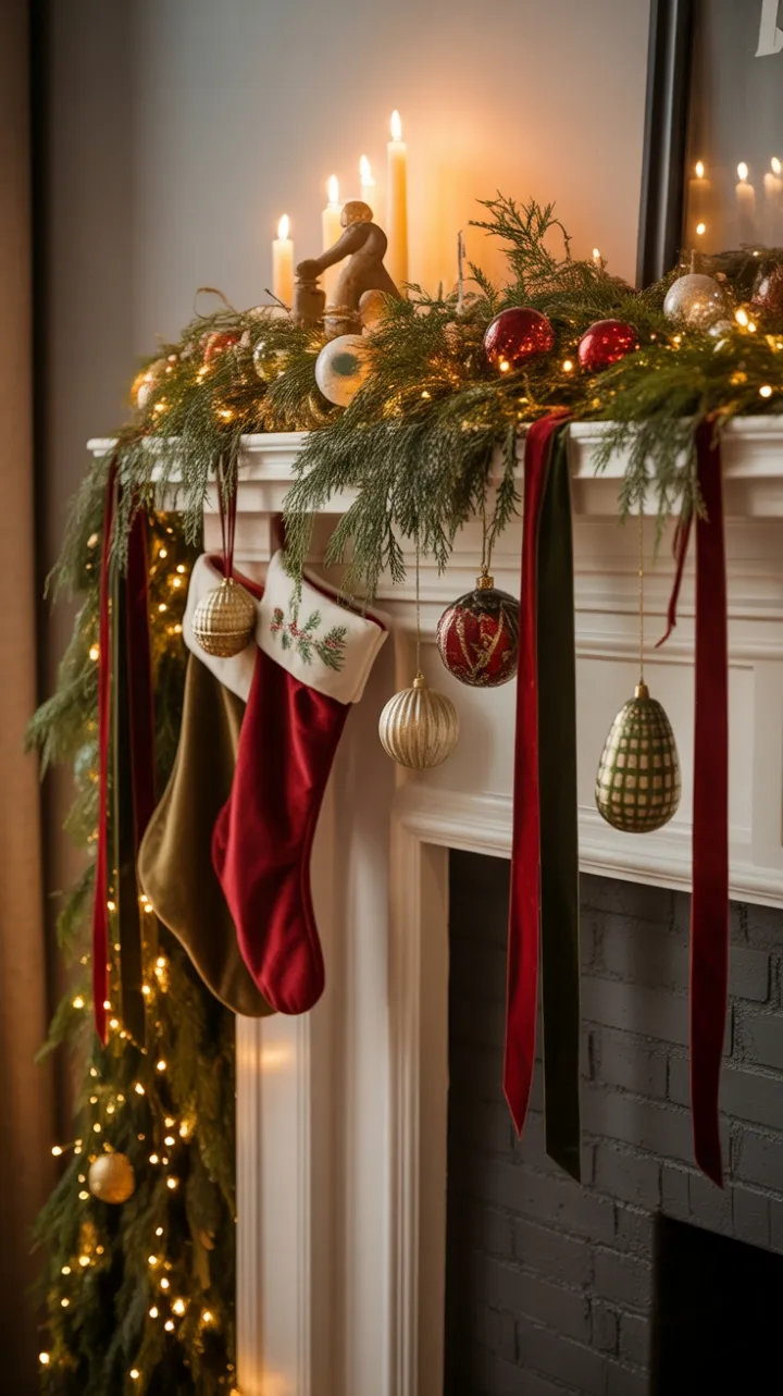 Emberlit Christmas Mantel Draped in Pine, Velvet and Light