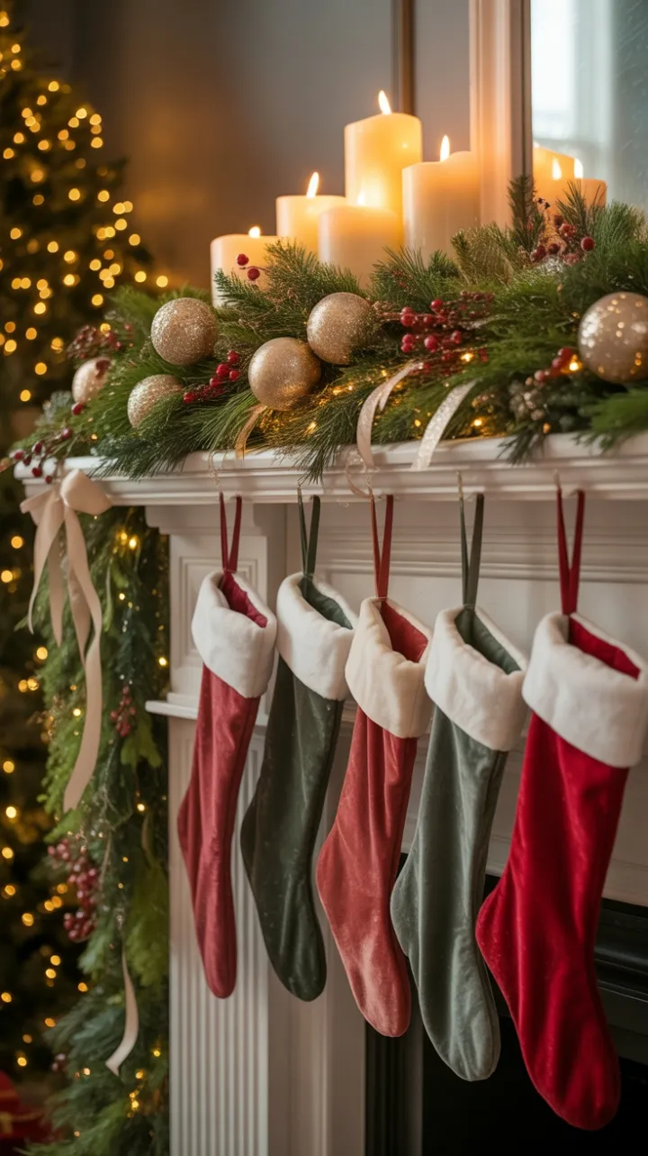 Cozy Christmas Mantel with Velvet Stockings and Golden Garland
