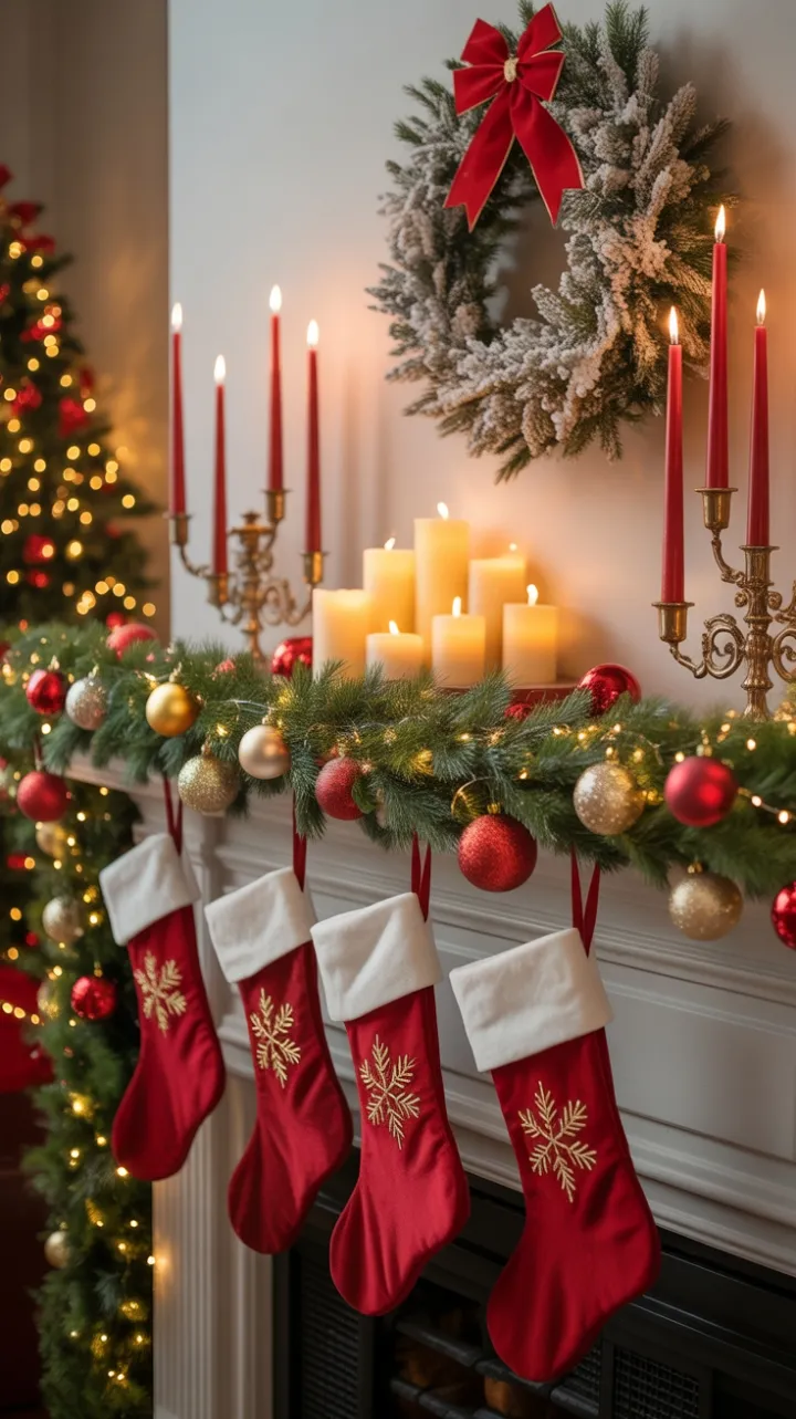 Twinkling Mantel of Gold Crimson and Frosted Cheer