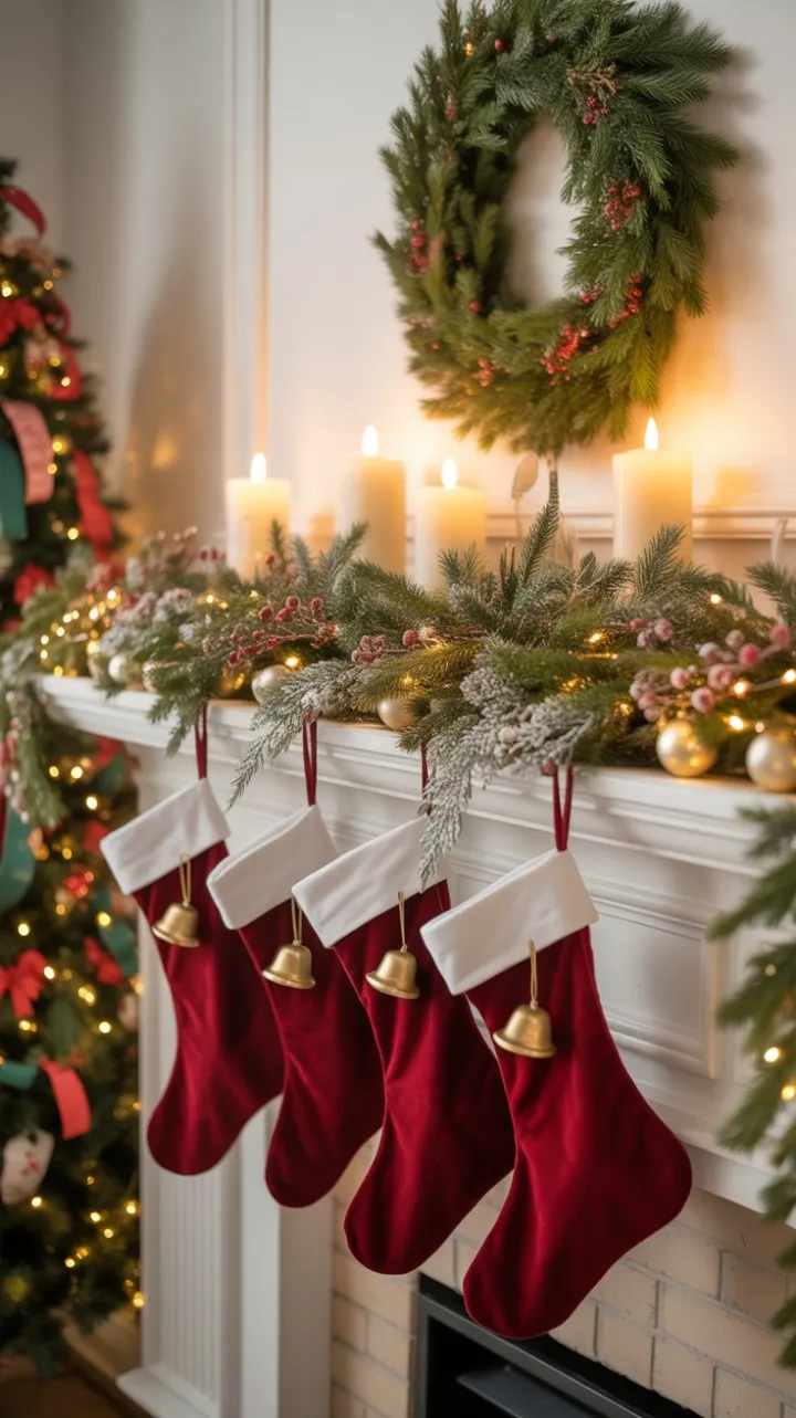 Crimson Stockings and Golden Bells on a Twinkling Holiday Mantel