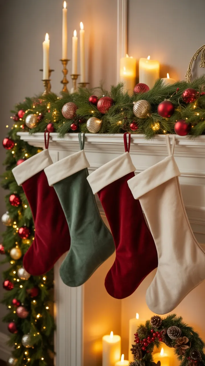 Heirloom Holiday Mantel of Velvet Stockings and Twinkling Lights