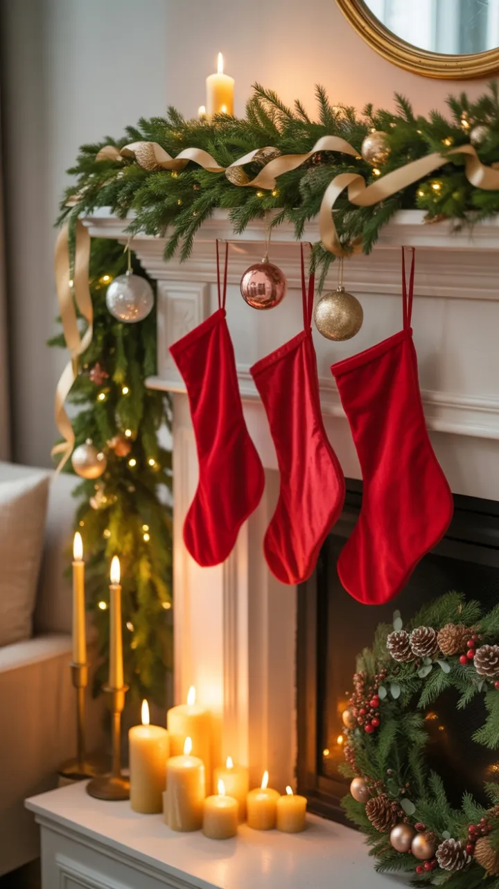 Velvet Stockings and Golden Garland on a Cozy Christmas Mantel