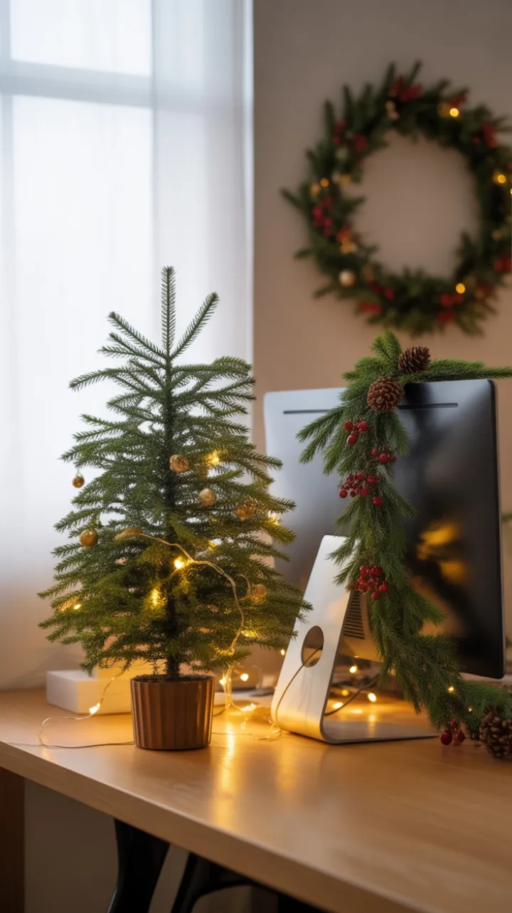 Cozy Christmas Desk with Twinkling Mini Tree and Festive Garland