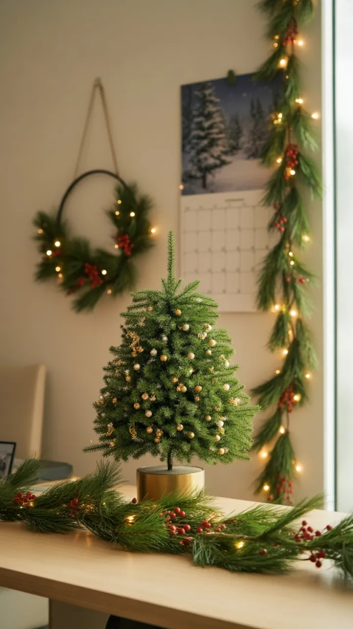 Cozy Holiday Desk with Mini Evergreen and Glittering Ornaments