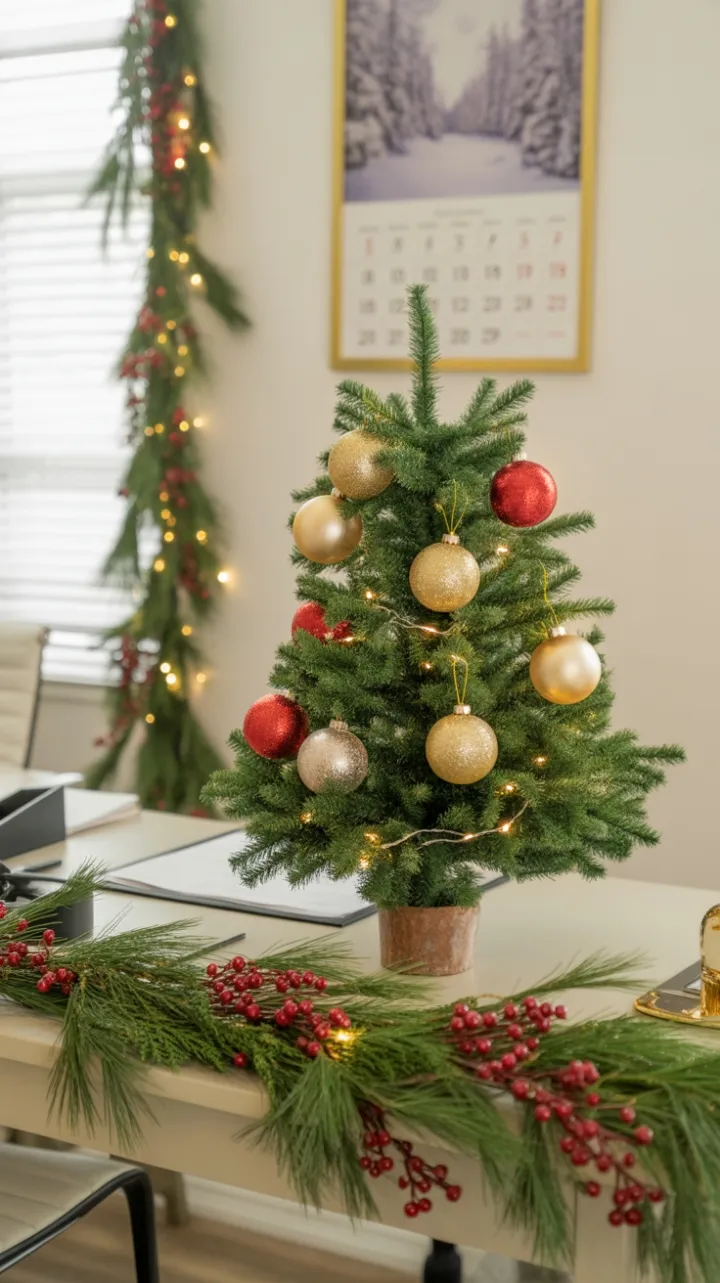 Festive Office Desk with Mini Fir, Gold Ornaments and Twinkling Lights