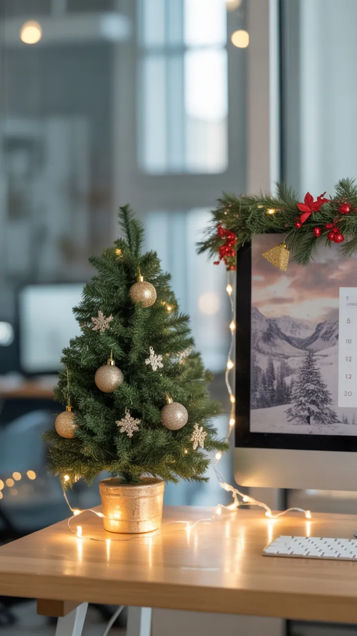Cozy Deskside Holiday Charm with Twinkling Lights and Evergreen Elegance