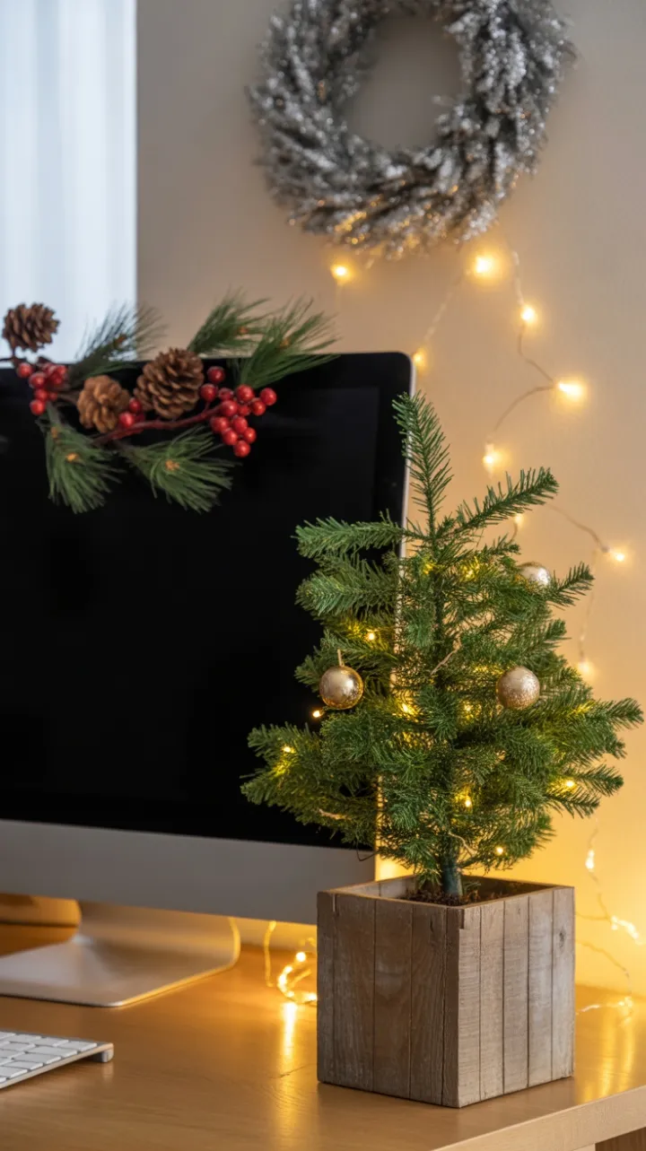 Cozy Holiday Desk with Twinkling Lights and Evergreen Cheer