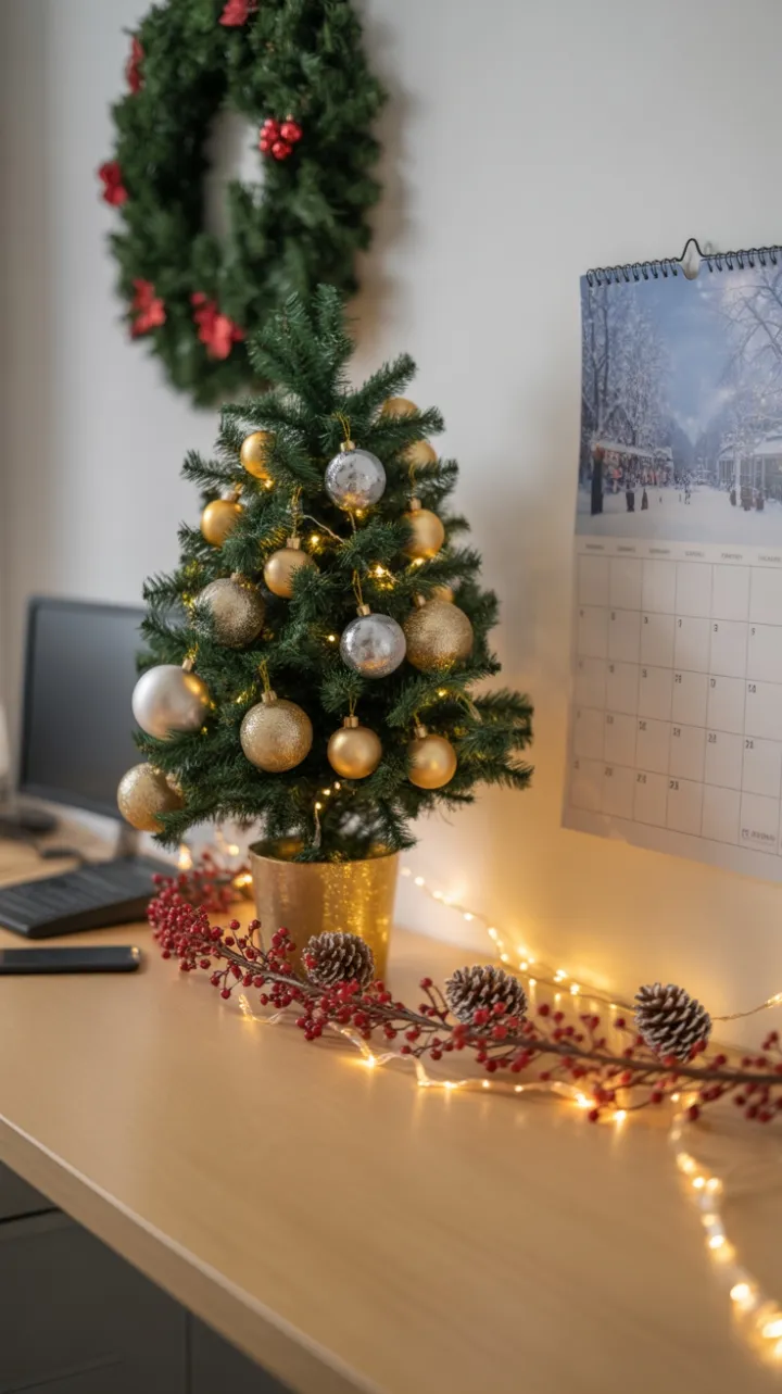 Warm-Glow Office Holiday Desk with Mini Evergreen, Berry Garland and Twinkling Lights