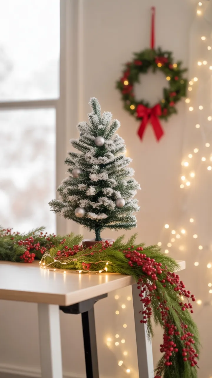 Cozy Christmas Desk with Snowy Mini Tree and Twinkling Lights