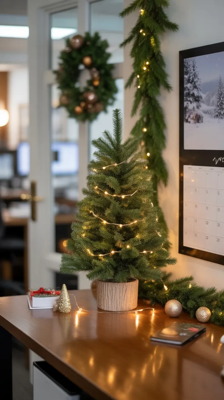 Cozy Holiday Desk with Miniature Christmas Tree and Golden Glow