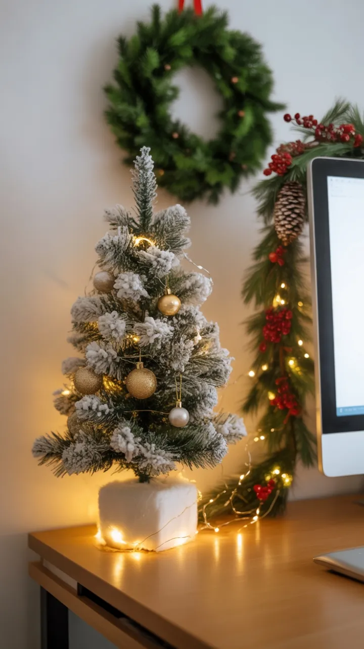 Twinkling Mini Pine and Garland on a Cozy Holiday Desk