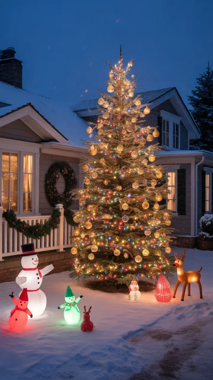 Twinkling Spruce and Playful Snowmen Create a Cozy Holiday Welcome