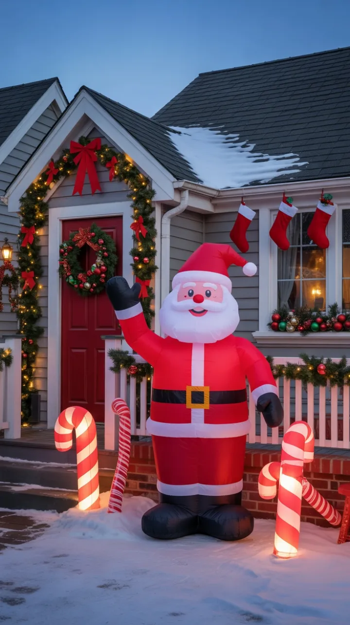Snow-Kissed Welcome as Santa Waves from a Twinkling Holiday Home