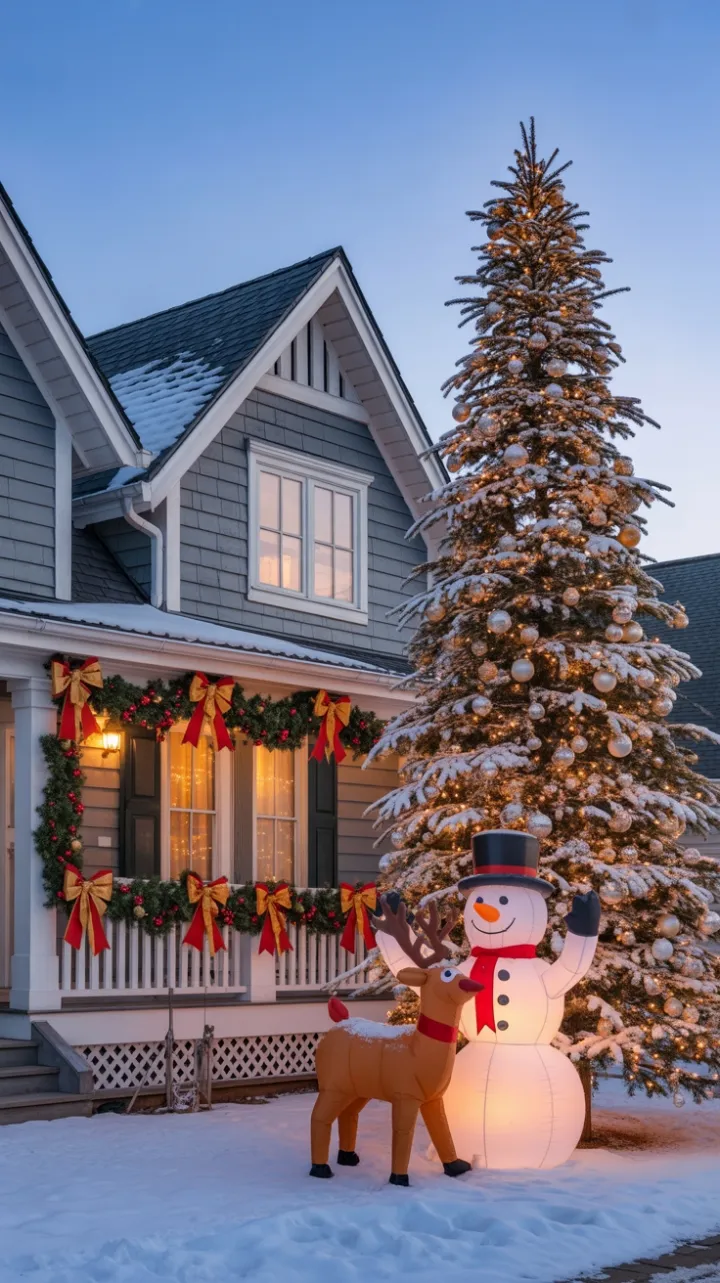 Holiday Glow on the Snowy Spruce and Festive Porch