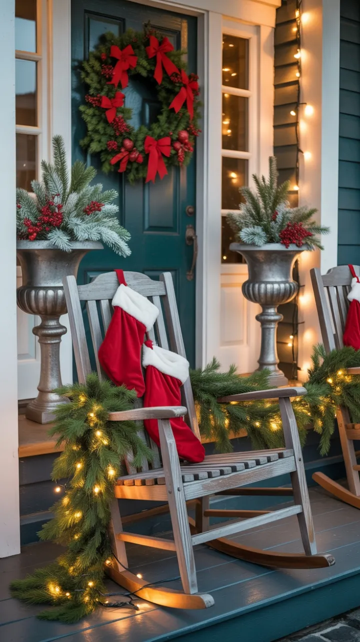 Twinkling Lights and Velvet Stockings on a Cozy Christmas Porch