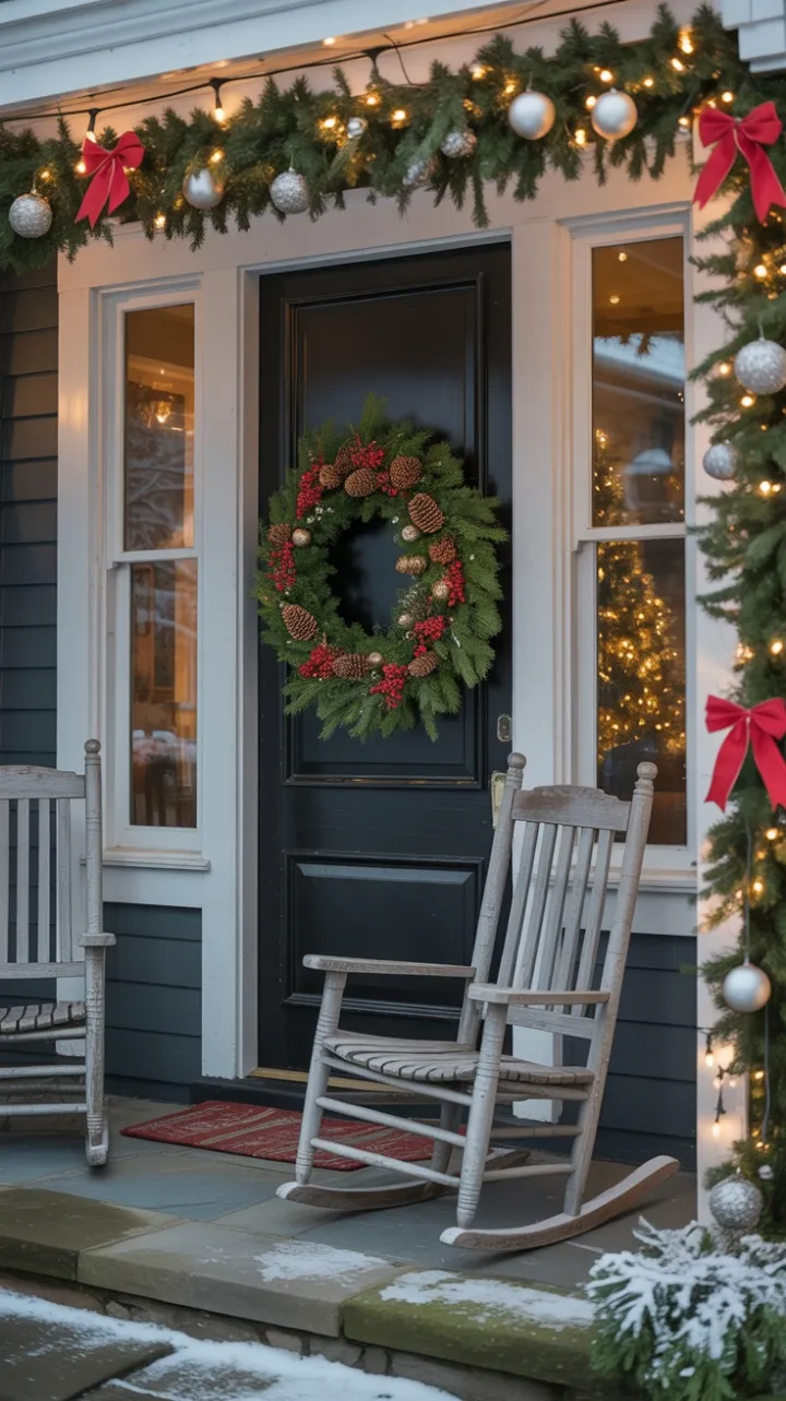 Snow-Kissed Holiday Porch Radiating Warmth and Evergreen Cheer