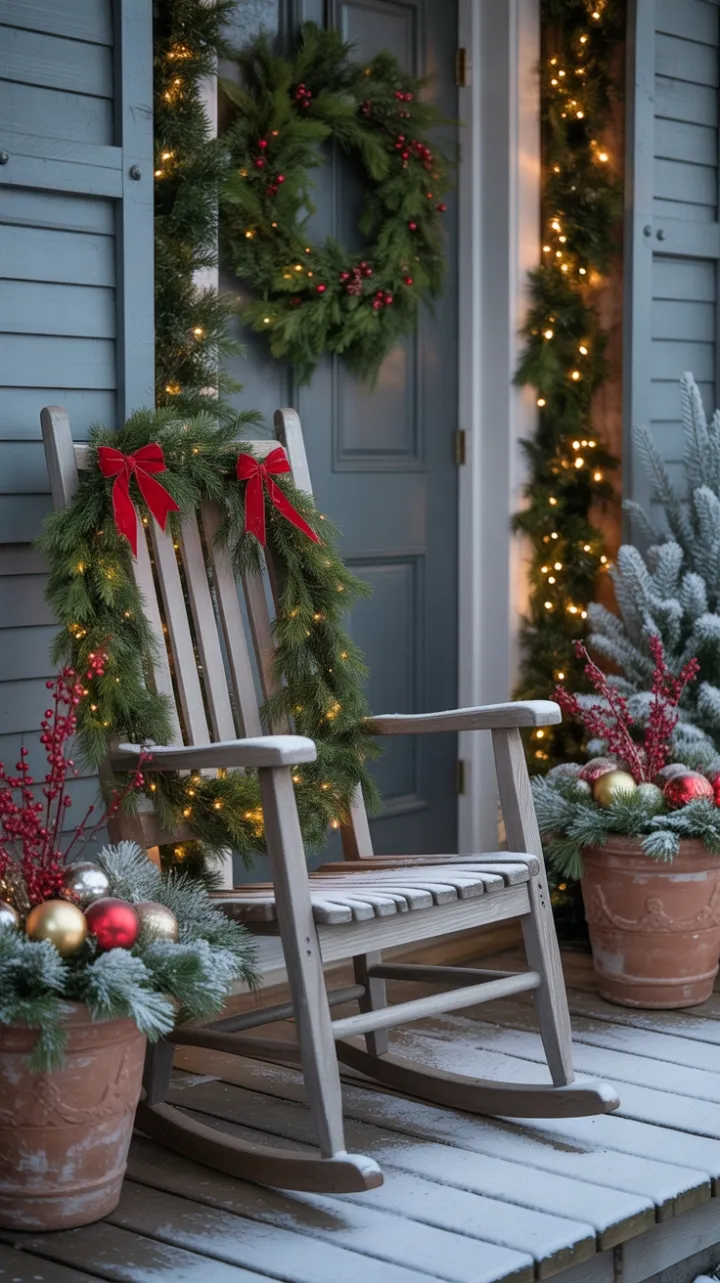 Snow-Kissed Porch with Twinkling Lights and Velvet Bows