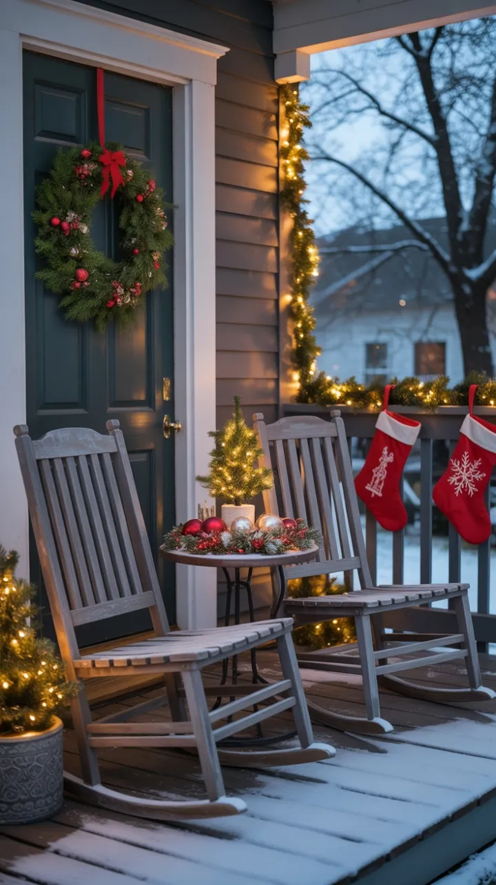 Golden-Dusk Christmas Porch with Wreath, Rocking Chairs, and Twinkling Lights