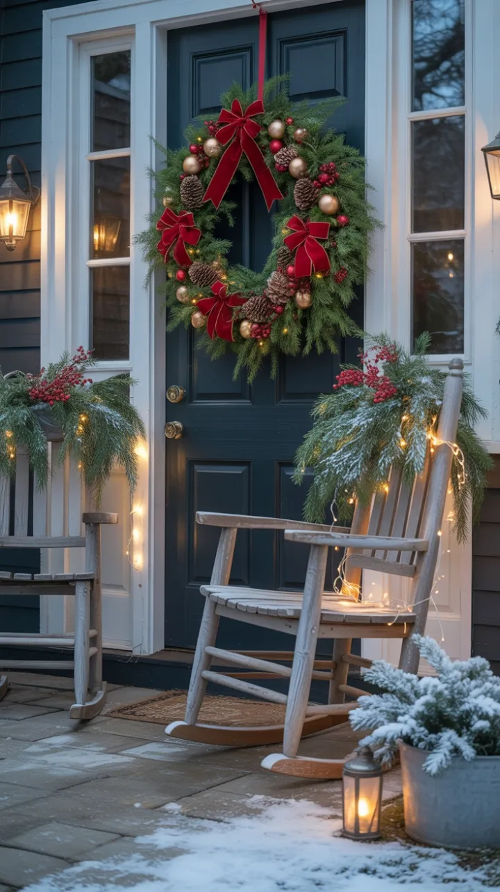 Snow-Kissed Porch Adorned with a Velvet Wreath and Rocking Chairs