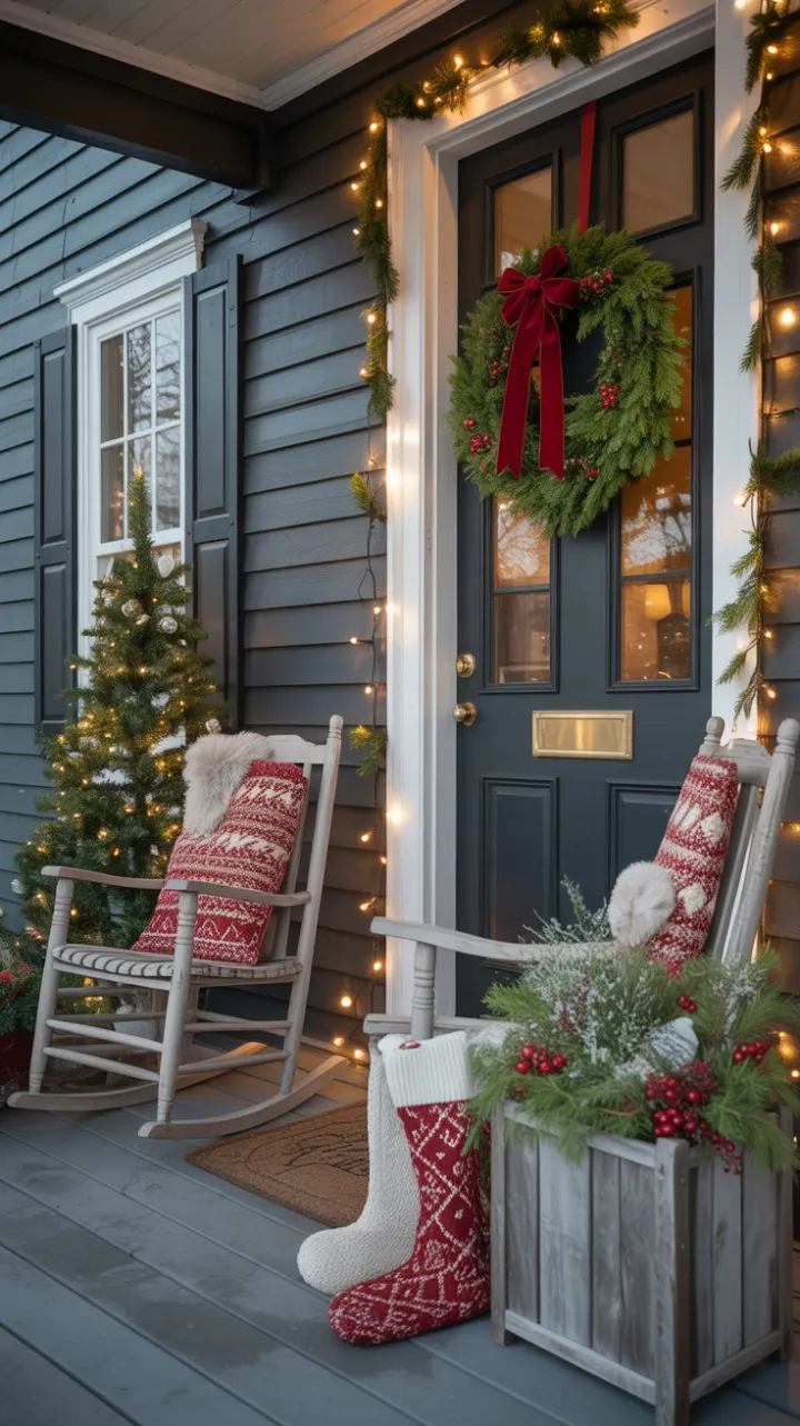 A Cozy Sunlit Christmas Porch Dressed in Velvet and Evergreens