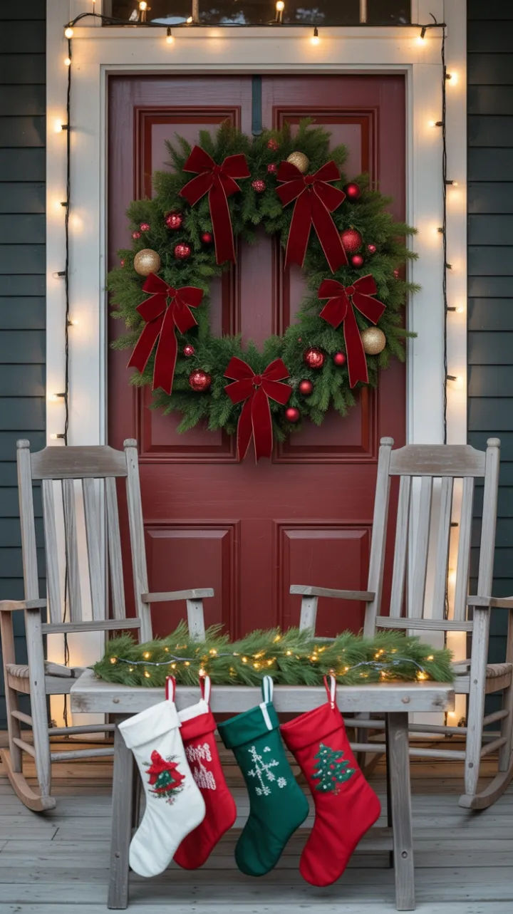Inviting Holiday Porch with Velvet Bows, Twinkling Lights, and Rustic Charm