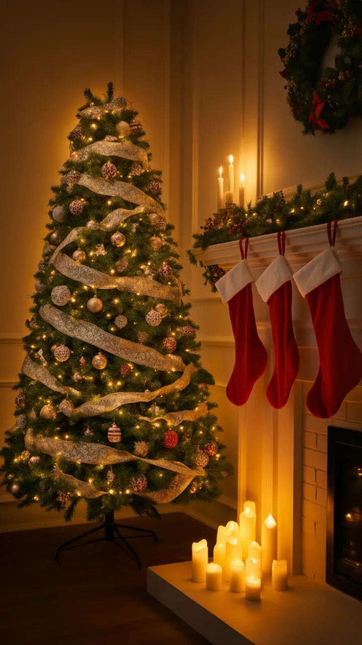 Warm Candlelight and Shimmering Garland in a Timeless Christmas Hearth