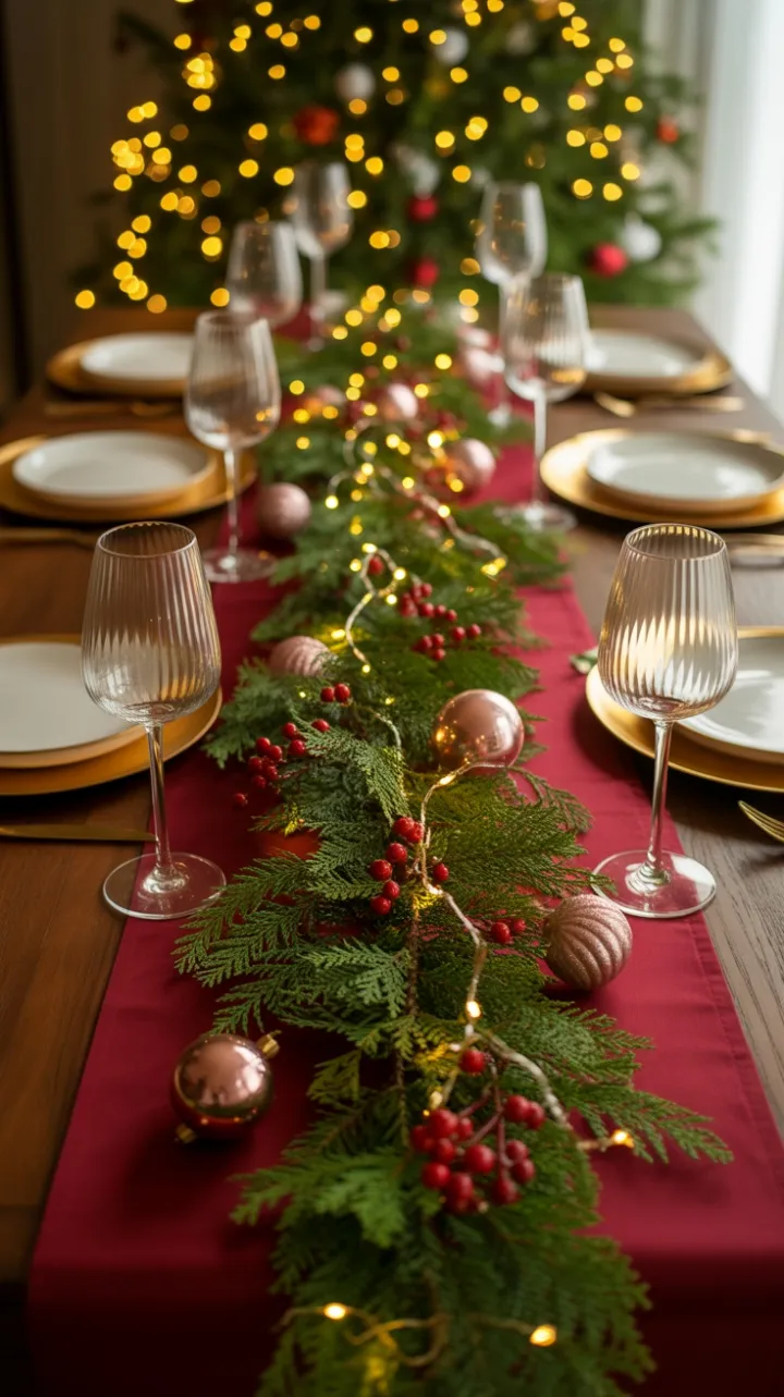 Crimson and Gold Christmas Table Bathed in Twinkling Light