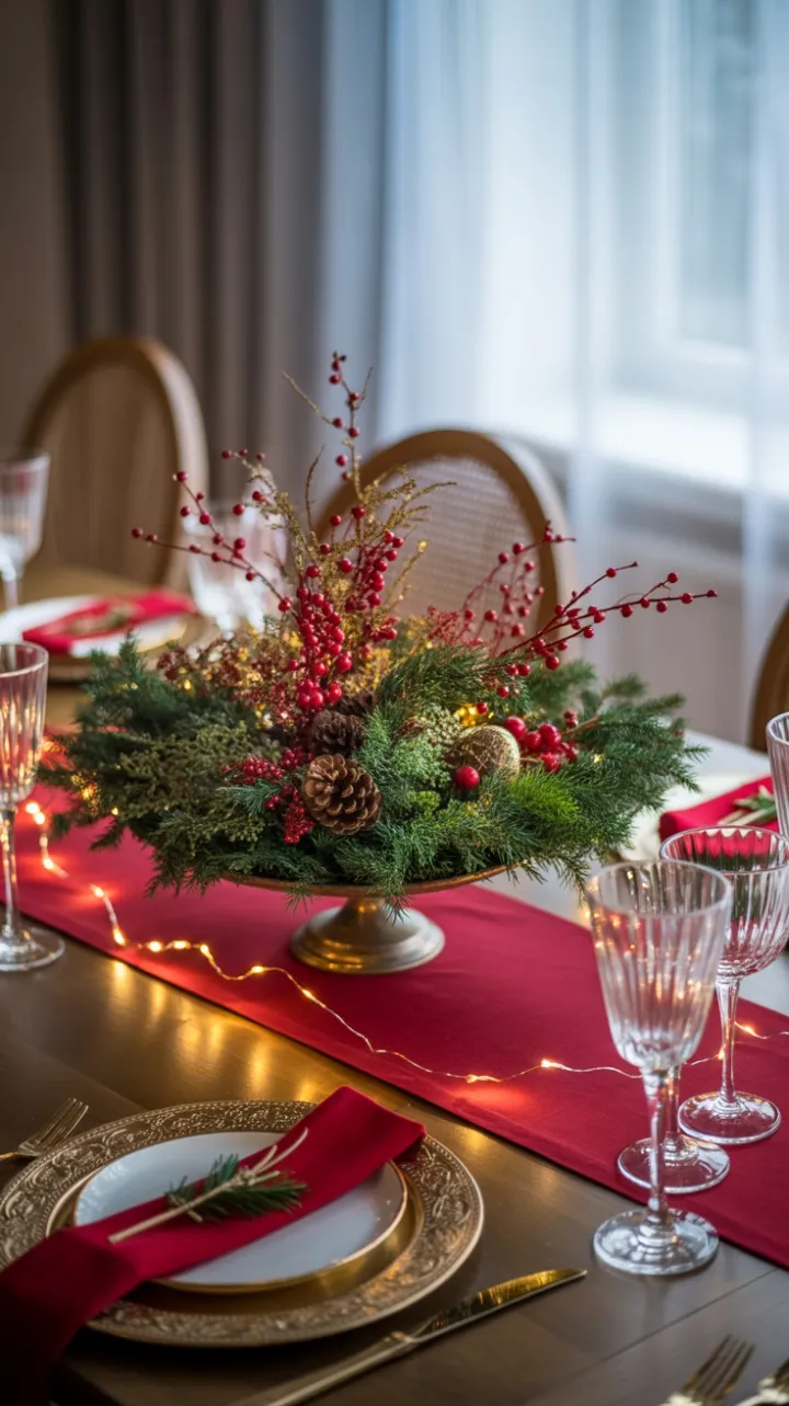 Gilded Holiday Table with Lush Evergreen Centerpiece