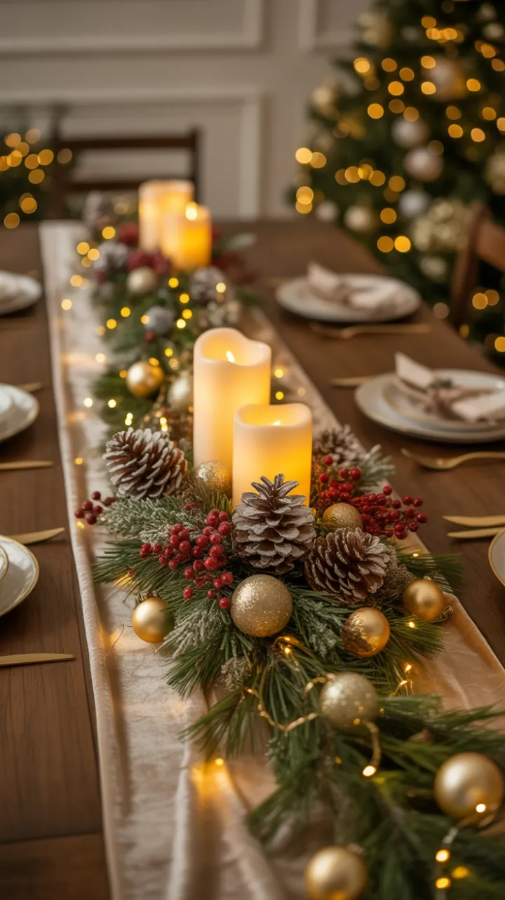 Candlelit Christmas Table Draped in Velvet, Pine and Gold