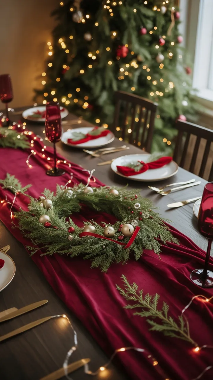 Crimson Velvet Christmas Table with Twinkling Lights