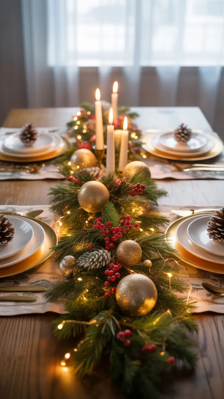 Crimson Garland and Golden Lights Holiday Table