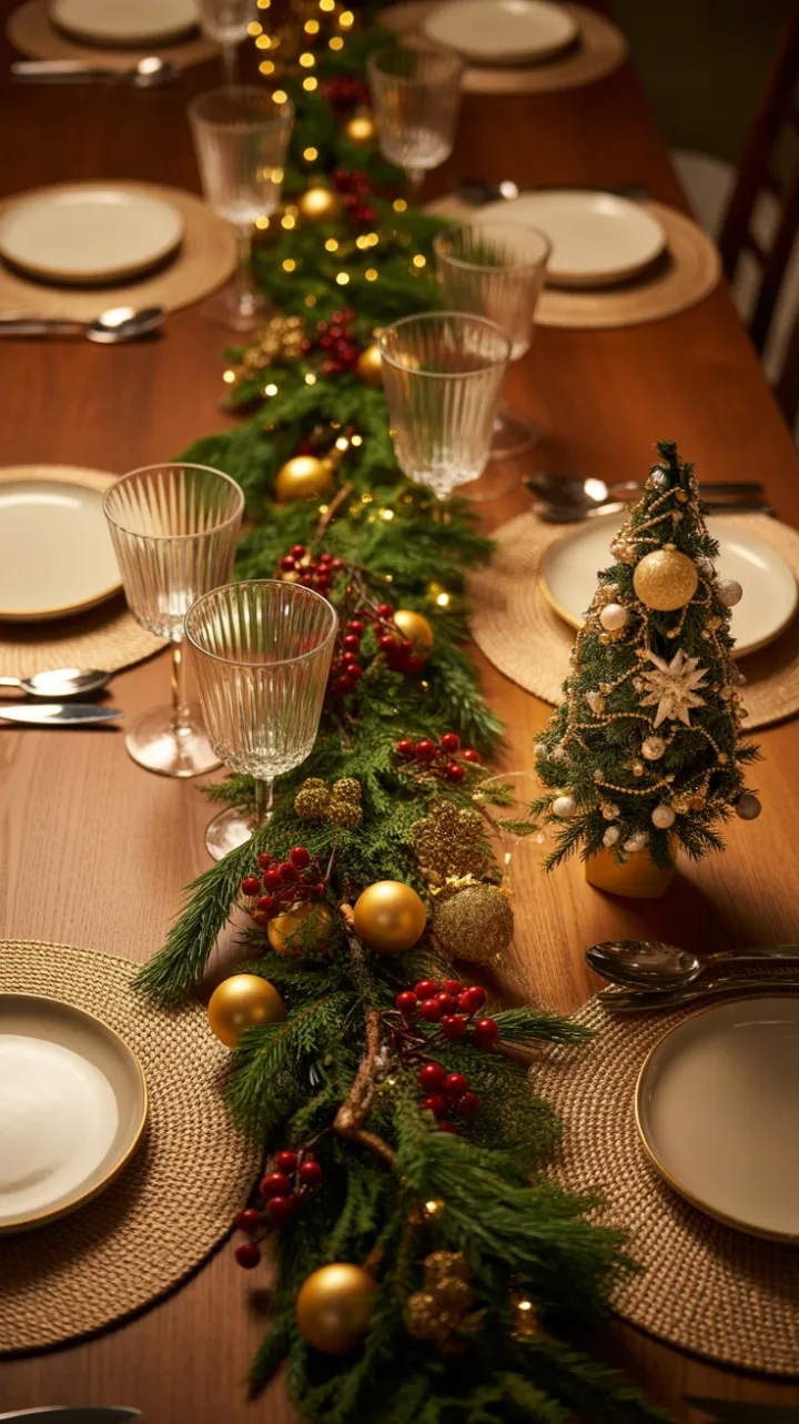 Warm Golden Christmas Table Adorned with Pine, Berries and Crystal