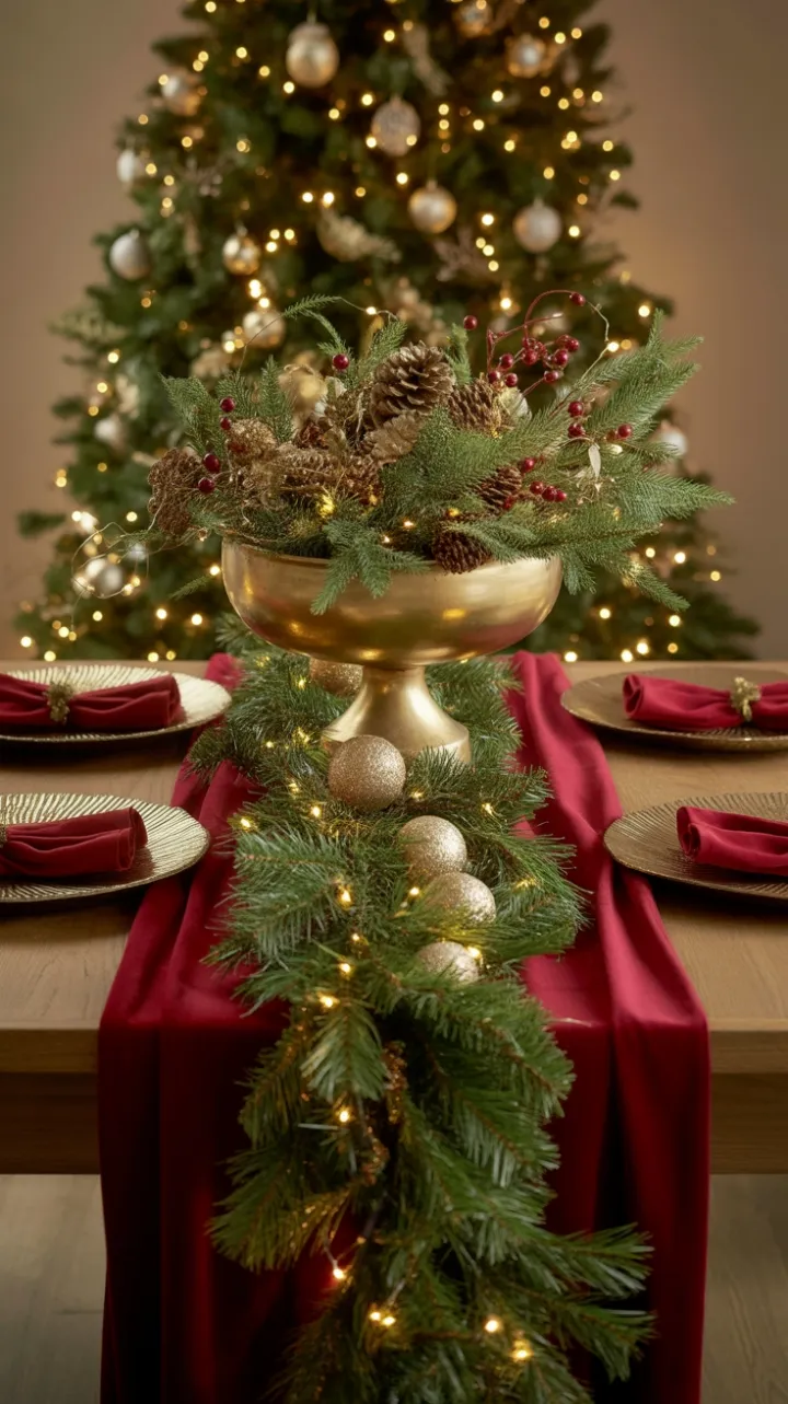 Warm Velvet and Gold Christmas Table with Lush Garland