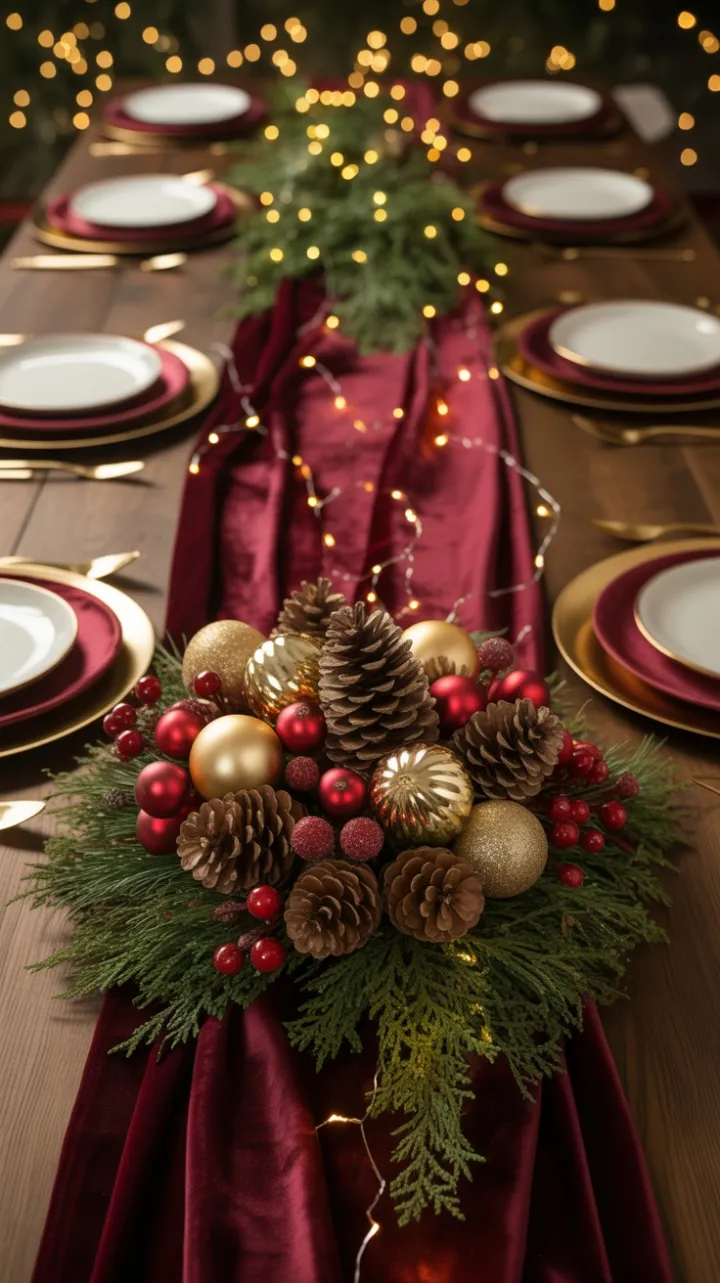 Velvet-Glow Christmas Table with Pinecones, Berries and Gold