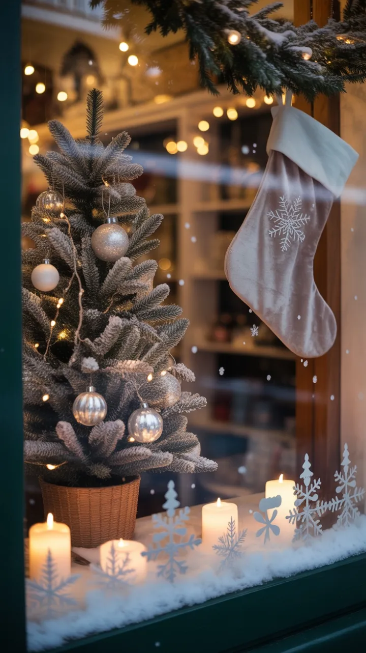 Snowlit Window with Velvet Stocking and Twinkling Ornaments