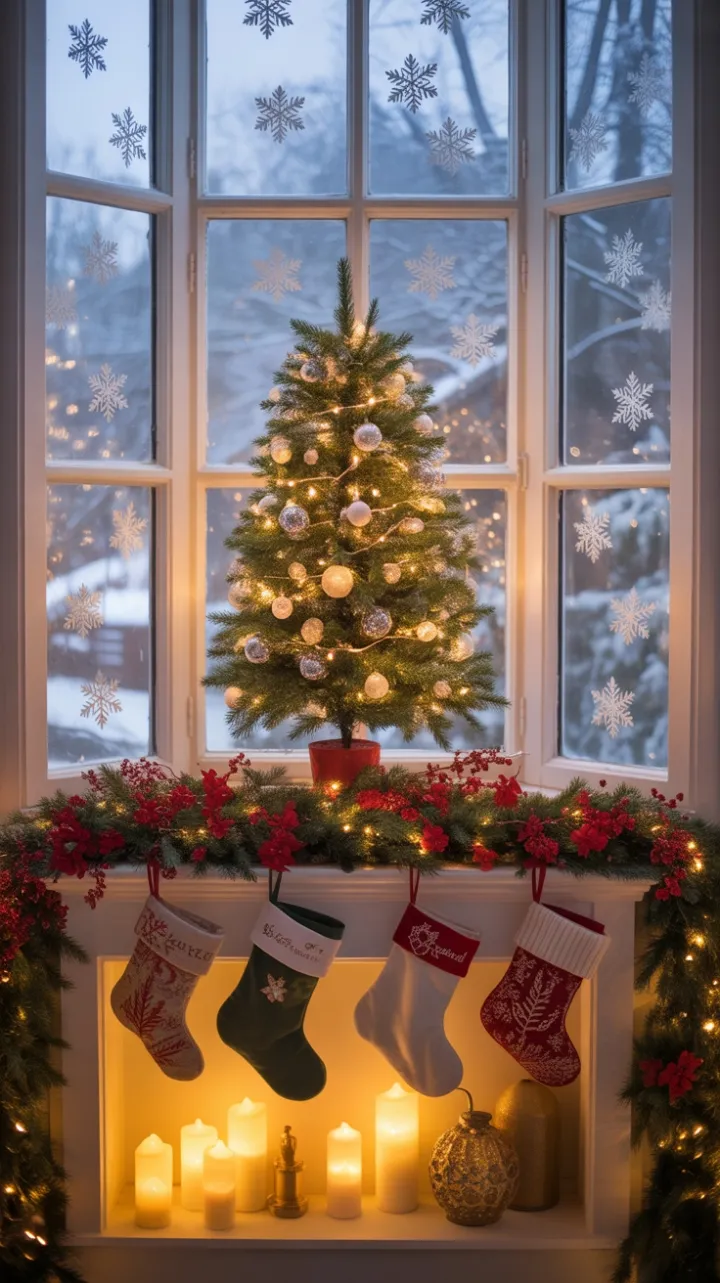 Snow-Kissed Bay Window Wrapped in Holiday Glow