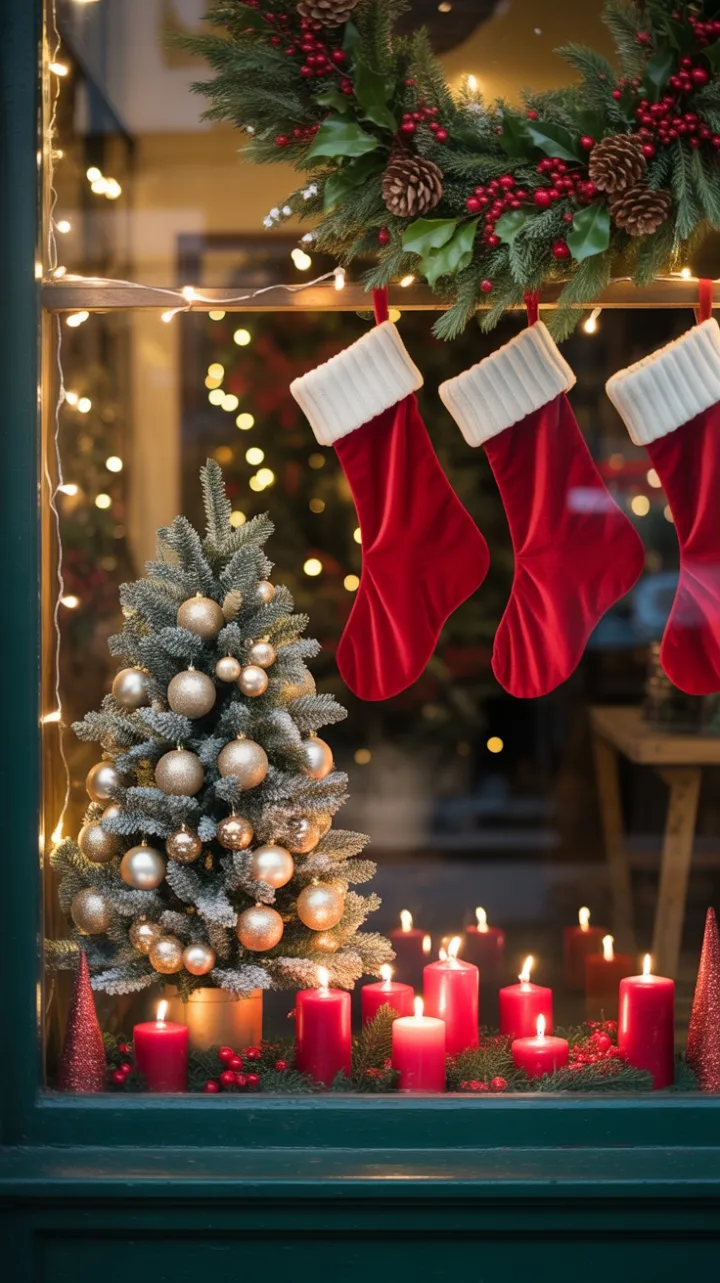Cozy Christmas Window of Velvet Stockings and Golden Ornaments