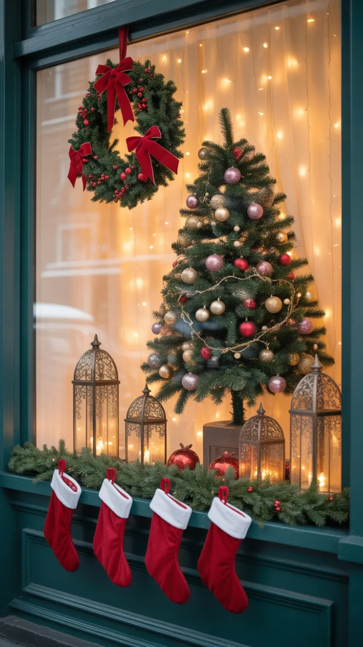 A Cozy Christmas Window on a Snowy Street