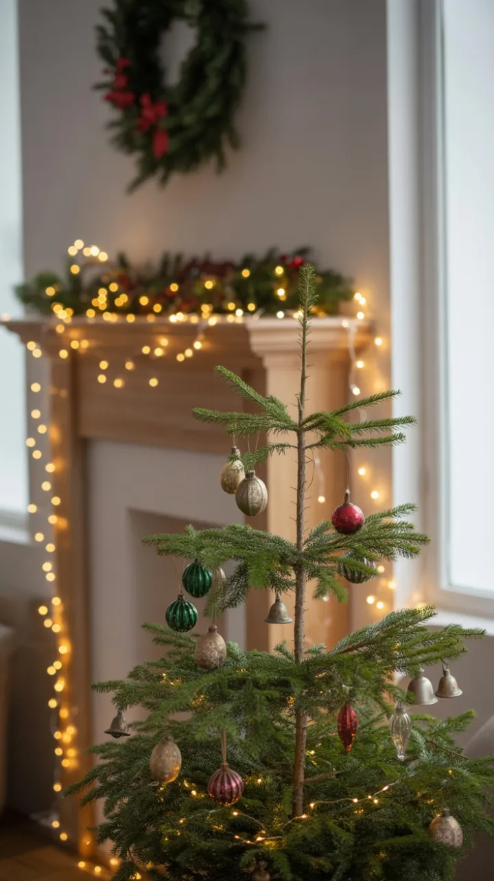 Sunlit Hearth with Heirloom Ornaments and Silver Bells