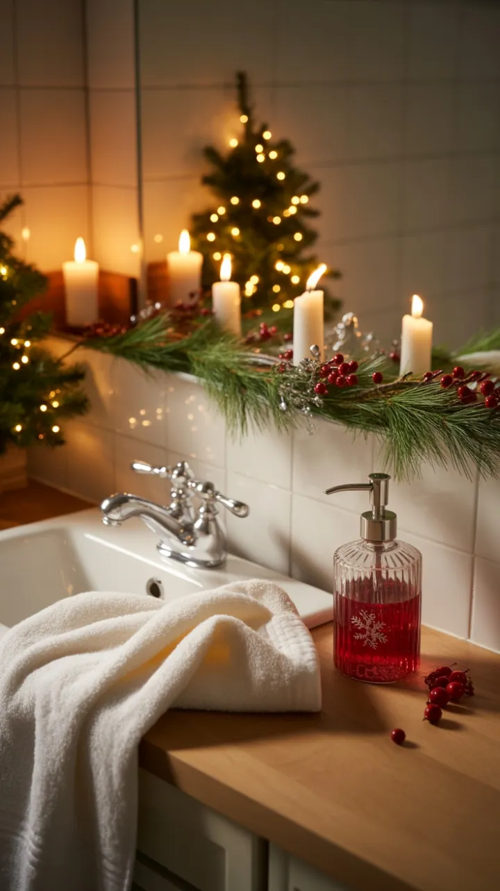 Cozy Cranberry-Scented Holiday Bath with Twinkling Pine Garland