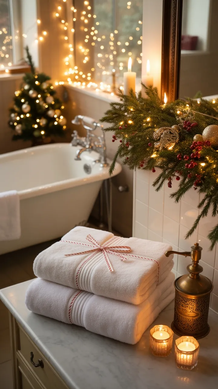 Cozy Classic Christmas Bathroom Dressed in Fairy Lights