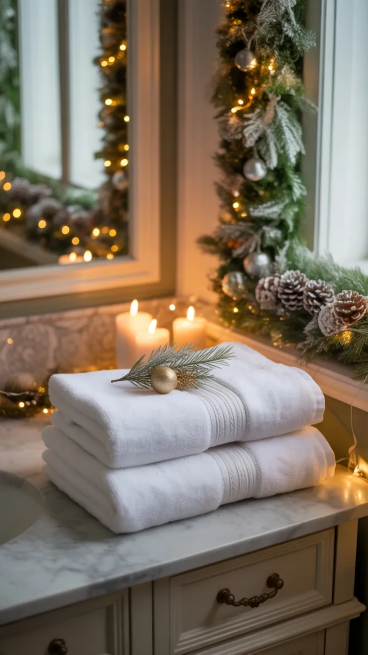 Cozy Holiday Bath with Plush Towels, Flickering Lights and Golden Cheer