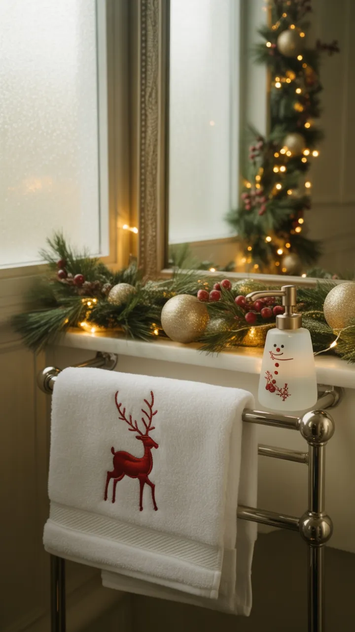 Antique-Mirrored Holiday Bath with Reindeer Towel and Snowman Soap