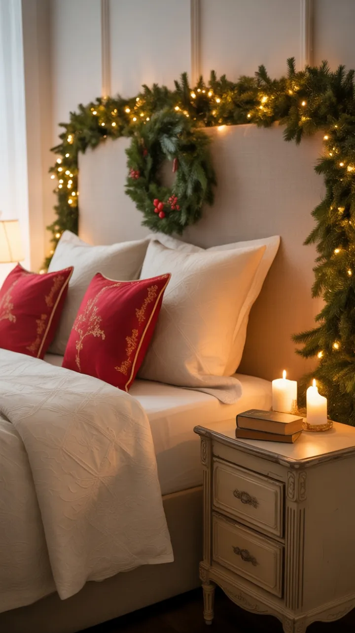 Candlelit Christmas Retreat with Plush Cream Bedding and Twinkling Garland