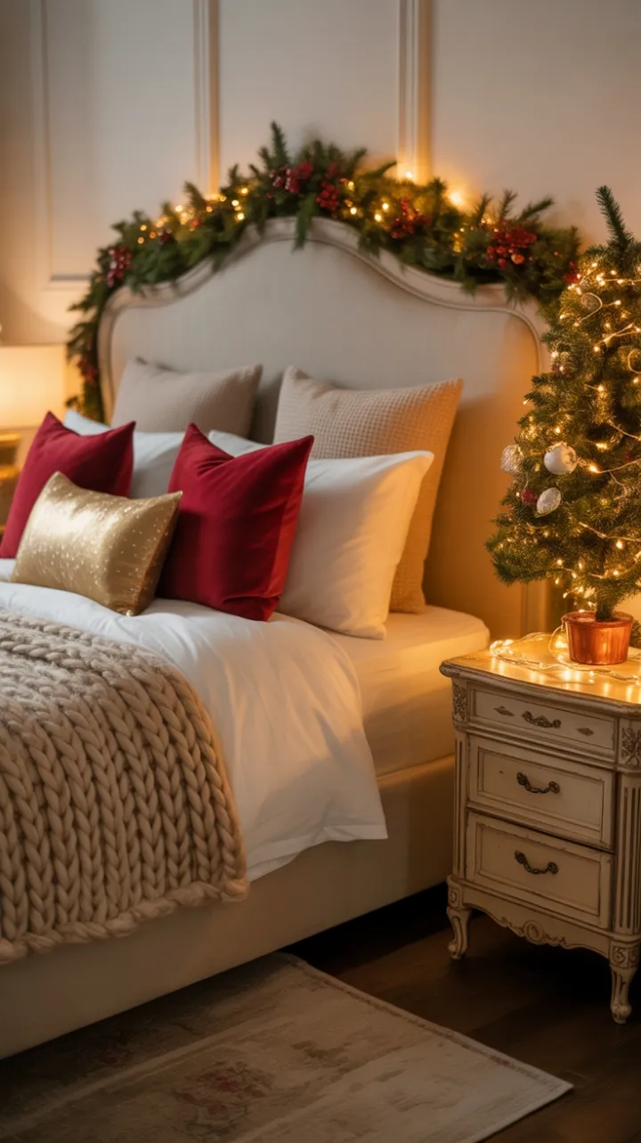 Cozy Christmas Bedroom with Plush Cream Bedding and Twinkling Tree