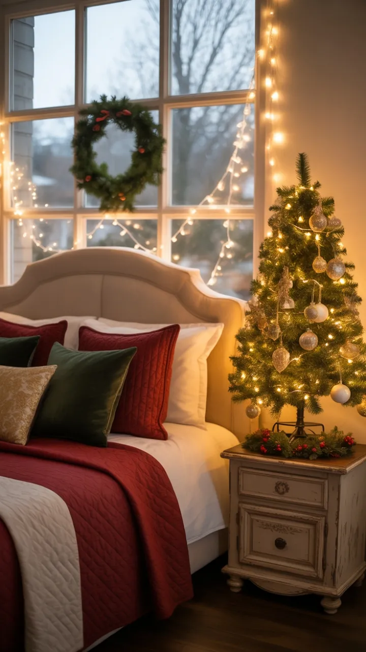 Cozy Vintage Christmas Bedroom Bathed in Warm Light