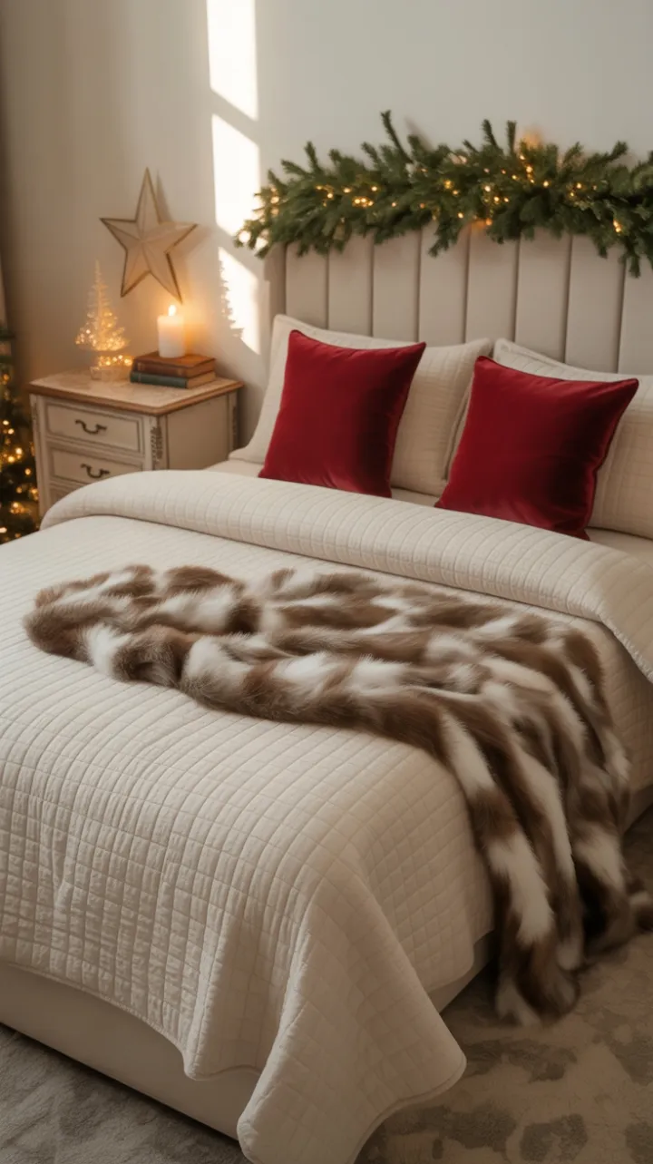 Cozy Christmas Bedroom Retreat of Velvet Pillows, Faux Fur, and Twinkling Lights